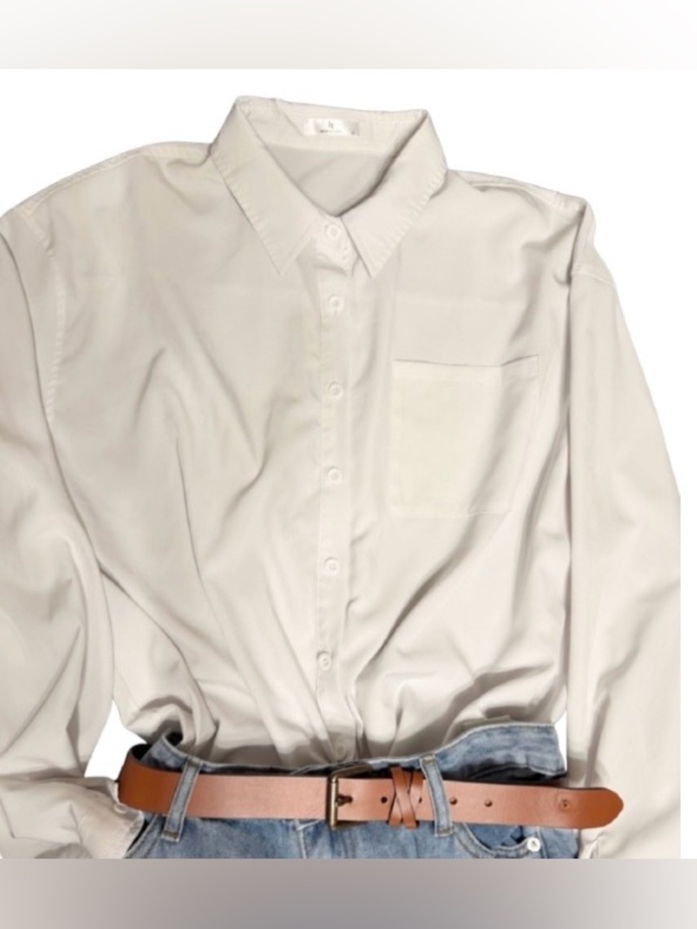 Women’s White Button Down Shirt XL Oversized Longline Tunic Chest Pocket